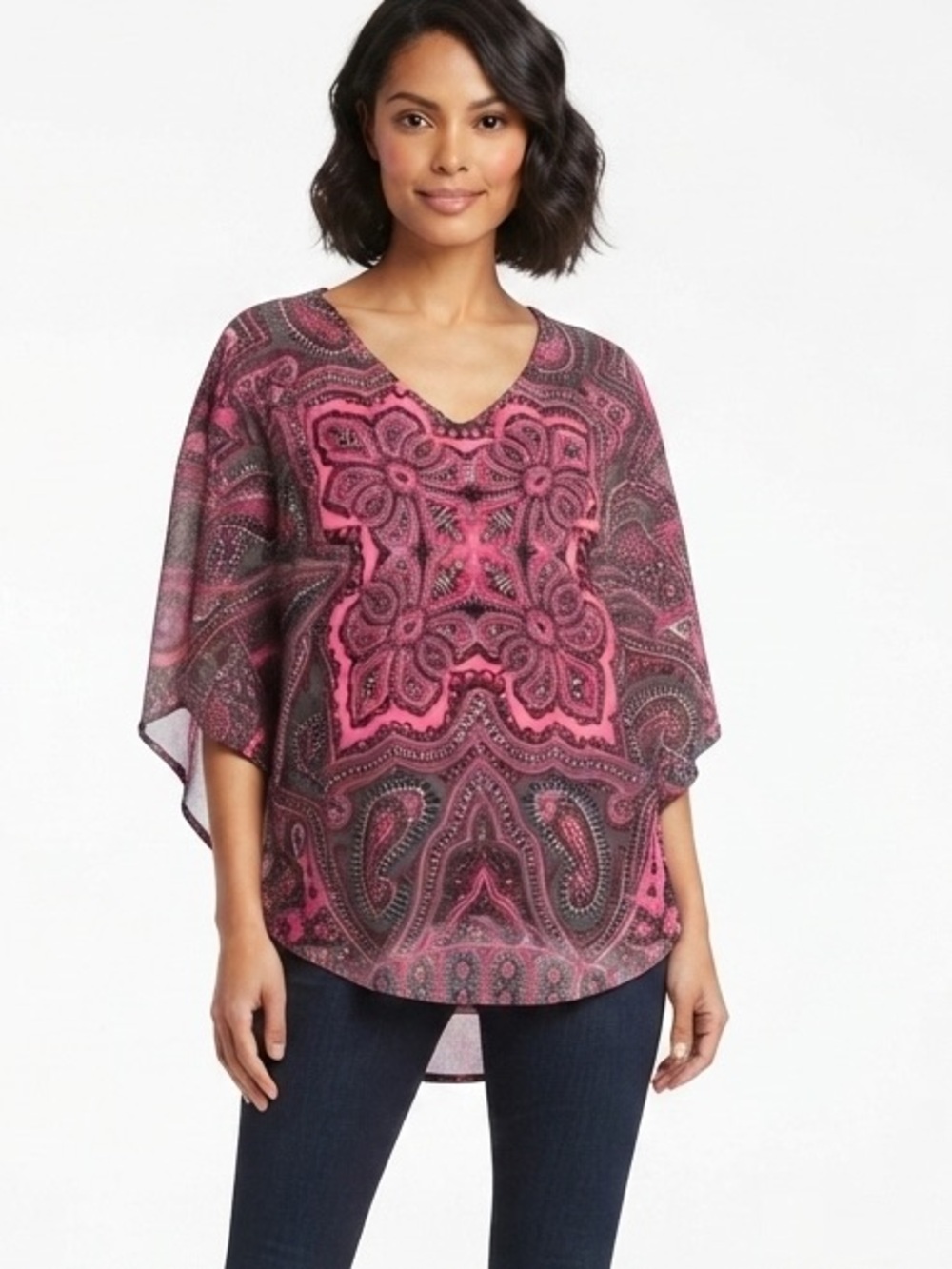 International Concepts Pink Paisley Poncho Top V-Neck Sheer Flowy Blouse Mesh